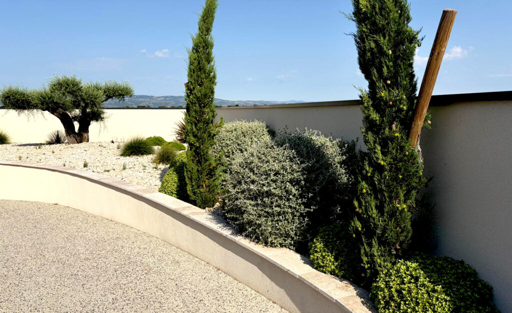 Muret courbe, gravier blanc et cyprès